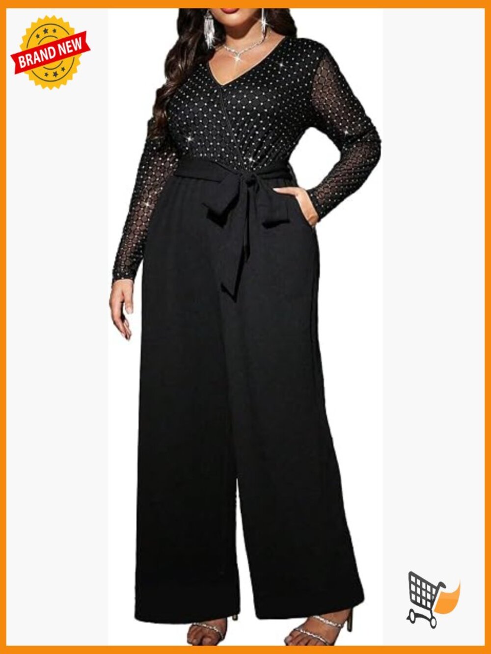 Plus Size Long Sleeve Sequin Jumpsuit with Pockets Wide Leg